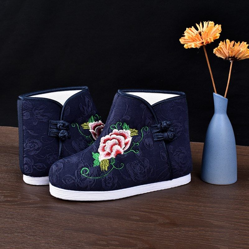 女士寿鞋高帮靴子绣花莲花底鞋子棉鞋老人女款寿衣配件千层底殡葬