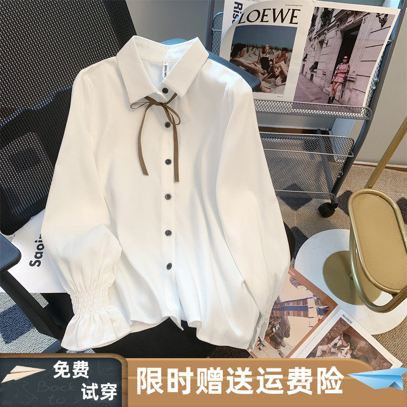 2024春秋新品长袖衬衣韩范百搭学院风喇叭袖配马甲打底Z白色衬衫