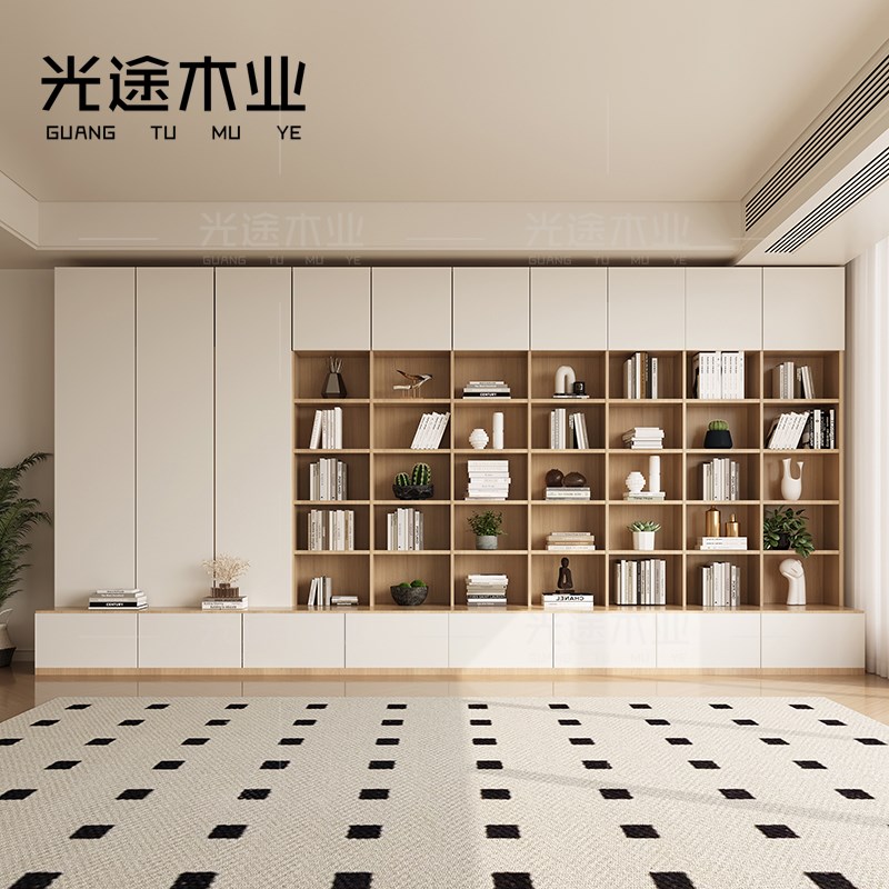 去客厅化书房书柜整墙一r体到顶定制书橱实木六门置物柜现代背景