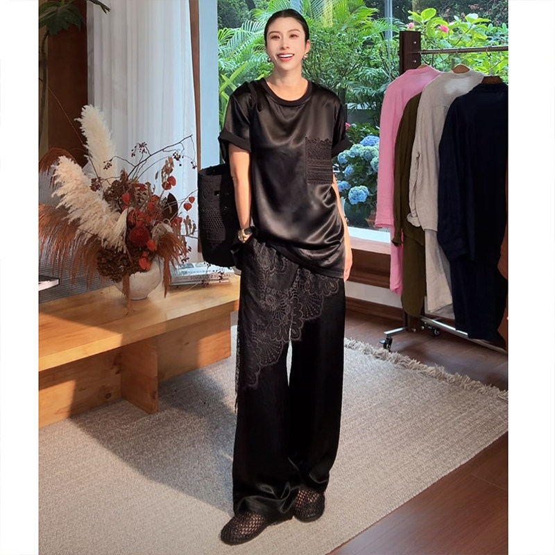 左小七【罗亦纯醋酸睫毛蕾丝裤】2026夏新轻薄凉快百搭优雅休闲裤