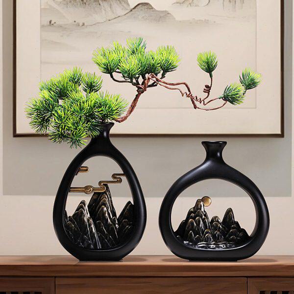 插花瓶黑色新中式客厅小摆件迎客松荼室装饰品禅意工艺品意境假山