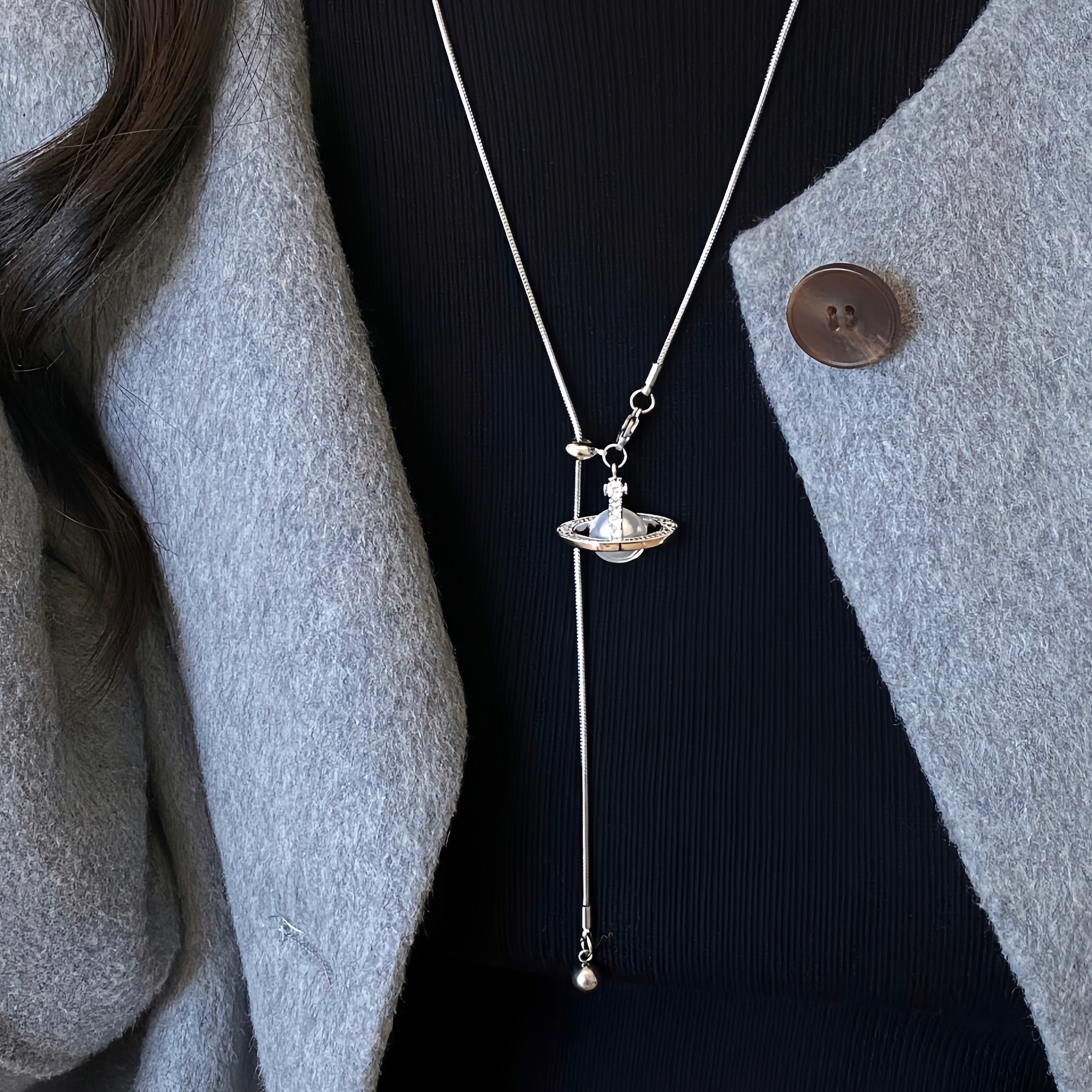 冷淡风银色土星流苏项链女新款轻奢高级感毛衣链小众长款抽拉配饰,家居饰品,吊饰/挂饰,淘宝优惠券,粉丝福利购,淘宝优惠卷