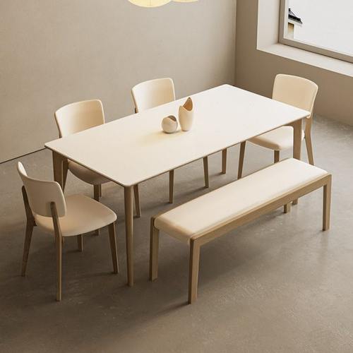 原木奶油风实木纯白岩板餐桌椅组合北欧日式家用小户型简约饭桌子