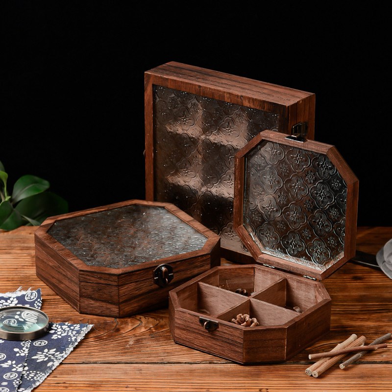 九宫格海棠花玻璃收纳盒复古桌面杂物F整理翻盖木盒化妆台装饰摆