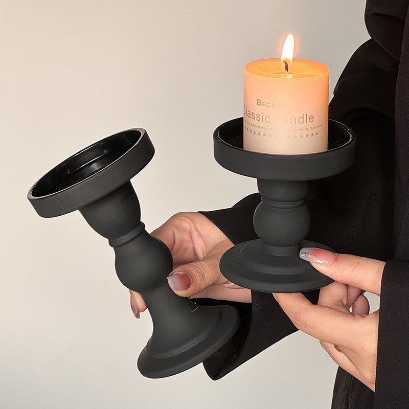 复古黑色罗d马柱蜡烛烛台玻璃摆件家用法式高级感中古香薰底座轻