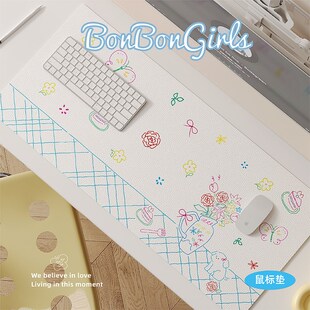 可爱插画超大鼠标垫女生电脑桌垫游戏键盘垫办公室皮革防水书桌垫