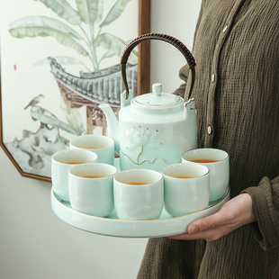 客厅茶杯茶具花茶壶 轻奢家用带托盘水具陶瓷套杯水杯高档家庭套装
