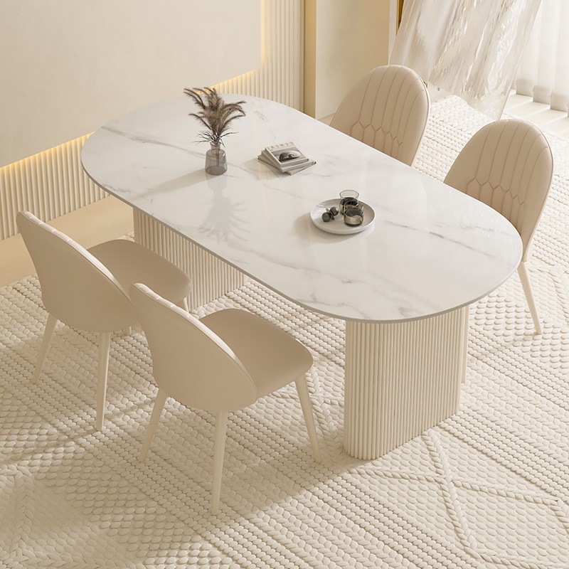 岩板餐桌轻奢现代简约家用小户型奶油风家庭椭圆形餐桌椅吃饭桌子