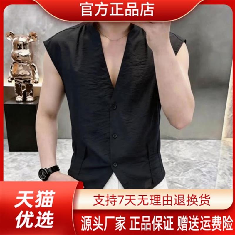 ZONA高档夏季新款男士轻奢潮流V领纯色衬衫背心时尚百搭潮流帅气