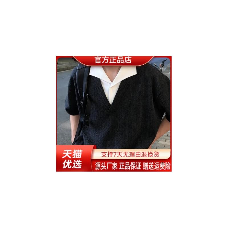 亦郎男装轻奢品质美式假两件麦穗纹短袖时尚T恤男夏新款宽松打底