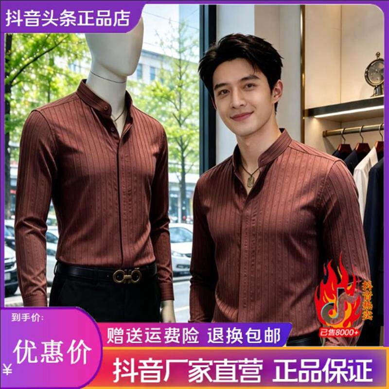 凯登鹿轻奢欧货暗条纹新中式立领长袖衬衫痞帅高级商务休闲款男士