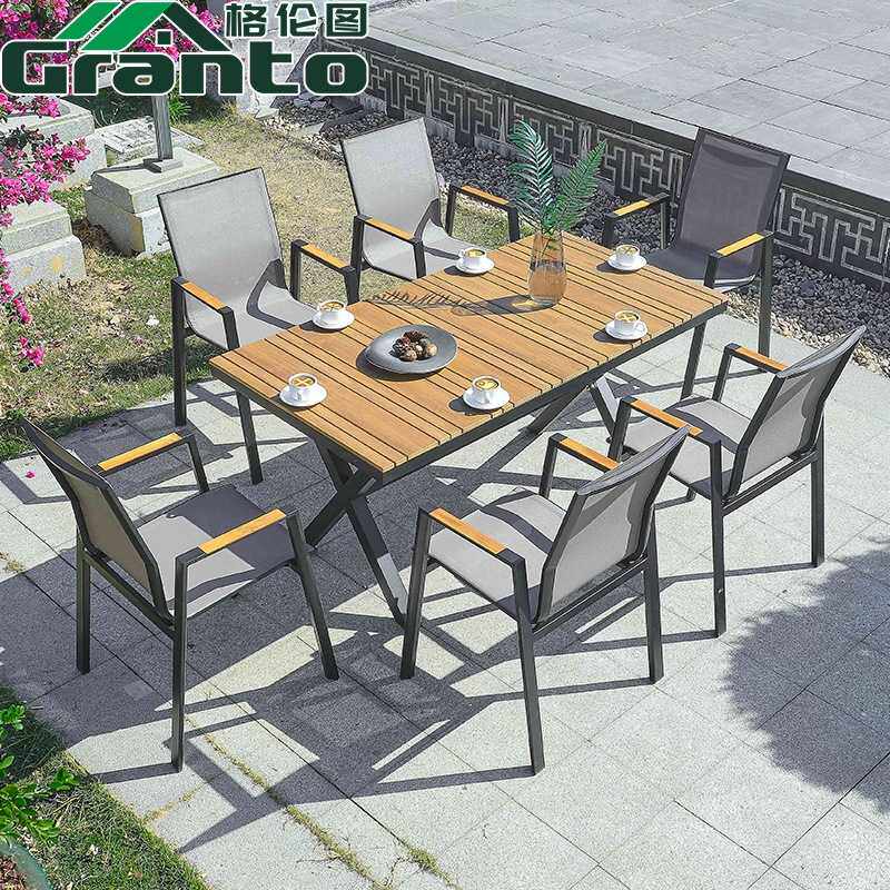 户外商用餐厅塔克桌椅组合阳台庭院网布铁艺休闲家具折叠堆高椅