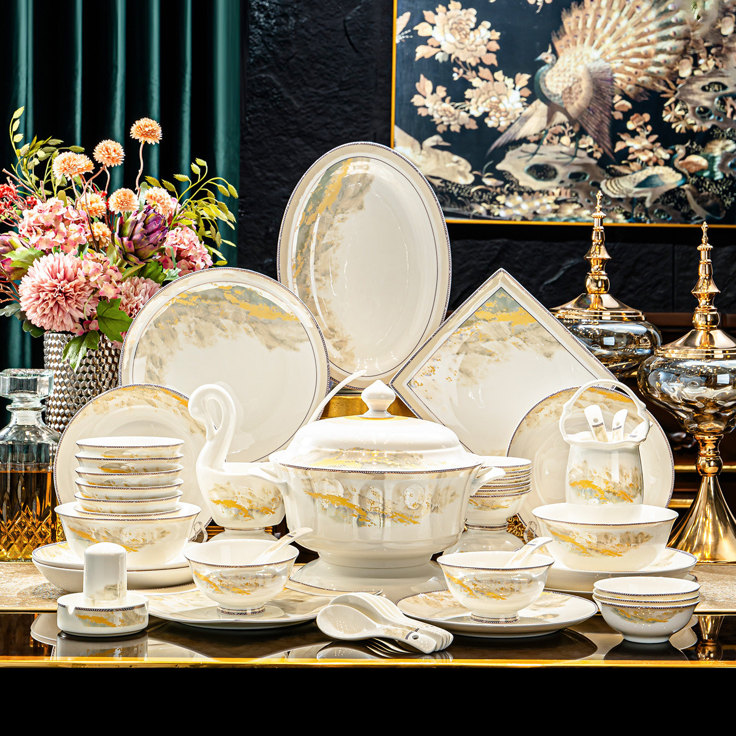 2025新款景德镇骨瓷餐具碗碟套装家用高级感碗盘碟筷组合乔迁送礼,餐饮具,碗,淘宝优惠券,粉丝福利购,淘宝优惠卷