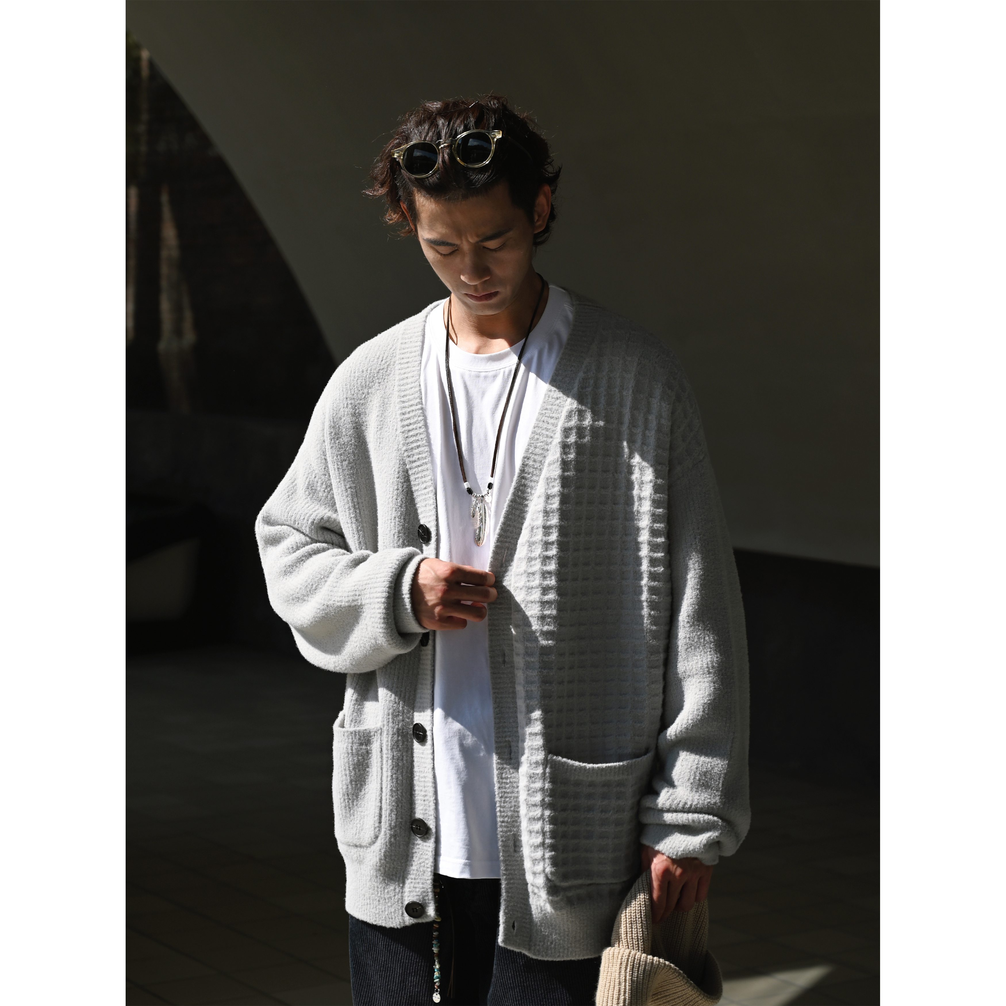 RUSHBON仿貂短毛宽松V领毛织开衫