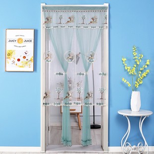 双层蕾丝布艺防蚊门帘装 饰家用免打孔 饰卧室蕾丝隔断布帘子夏季 装