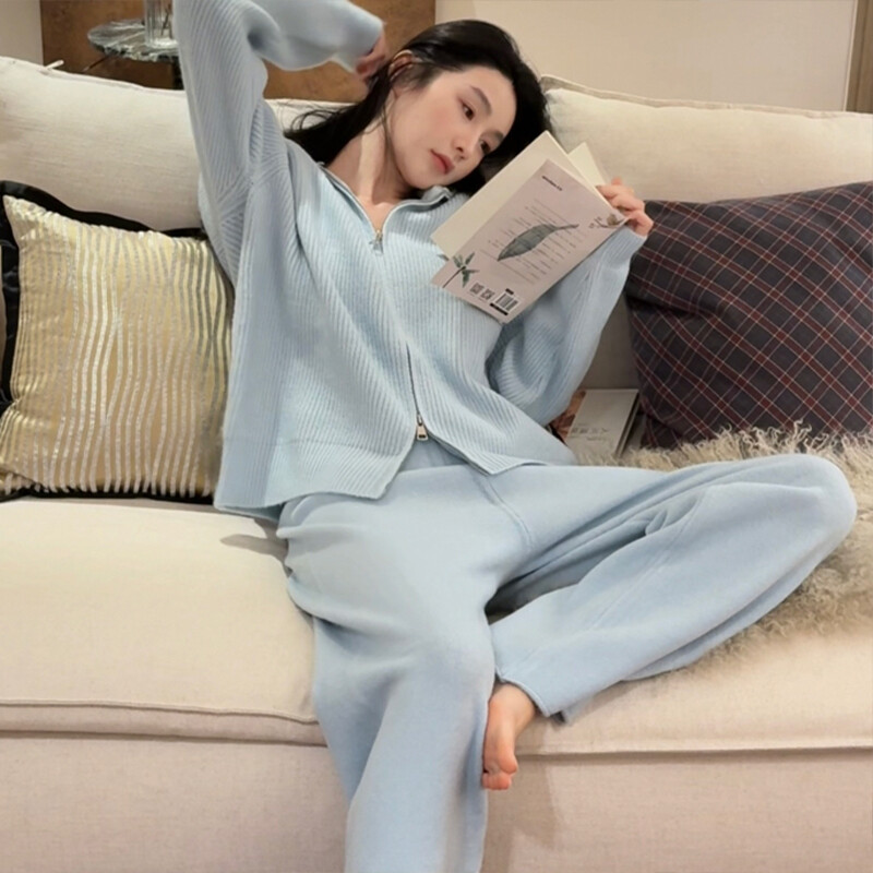 韩系时尚针织慵懒风双向拉链睡衣