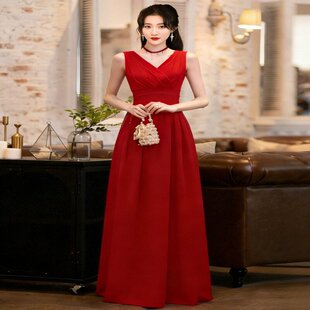 敬酒服新娘结婚回门礼服V领长款显瘦高腰遮肉简约大气宴会晚礼服