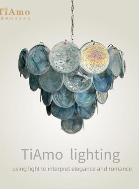 法式Murano穆拉诺中古风设计师款客厅饭厅楼梯间蓝色圆盘玻璃吊灯