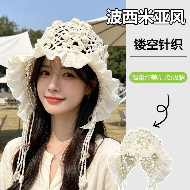 夏季薄款钩针花朵镂空针织帽女