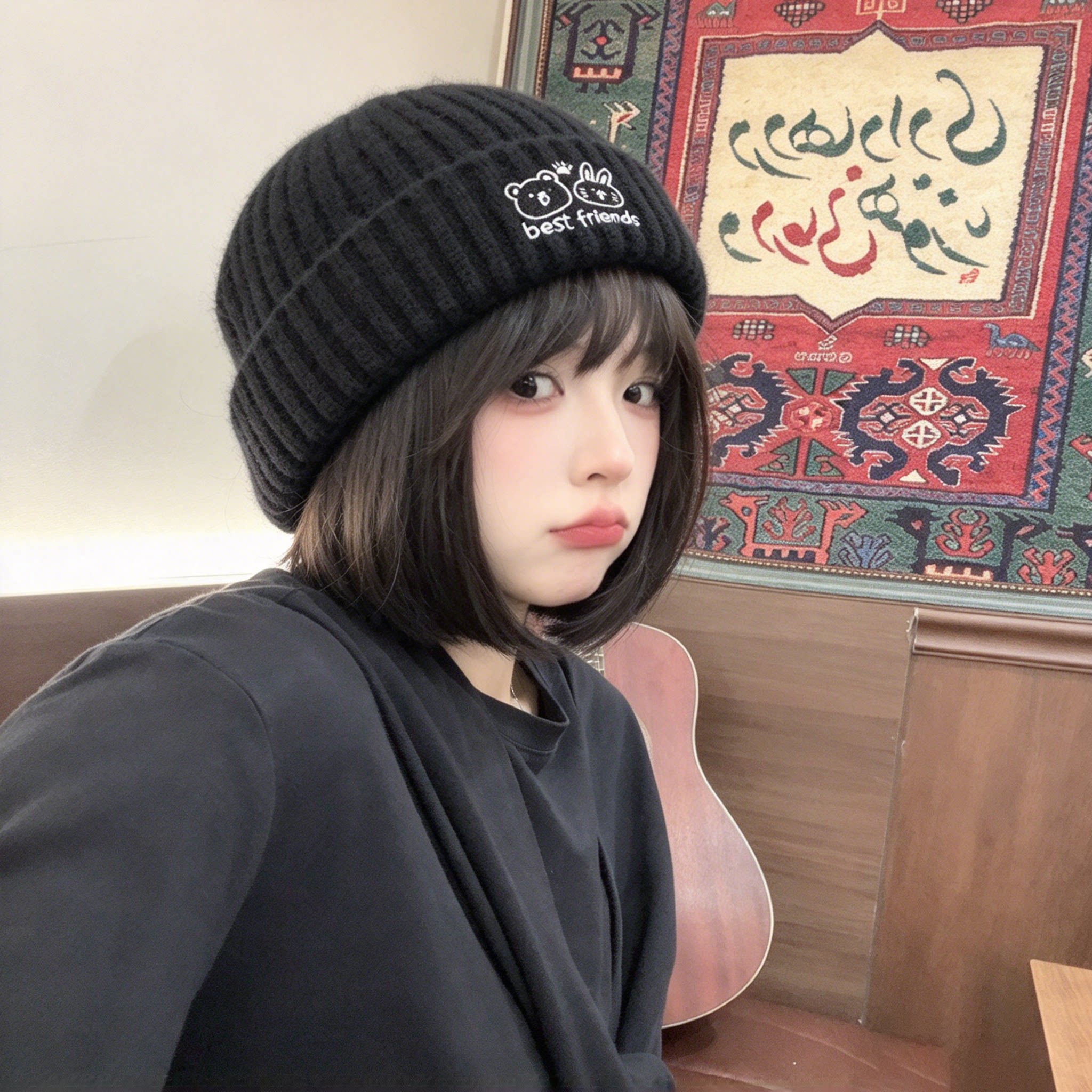 秋冬女保暖卡通刺绣显脸小针织帽