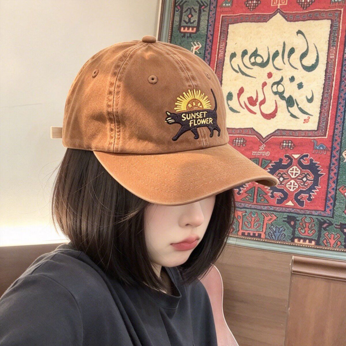 复古猫咪刺绣显脸小棒球帽女款