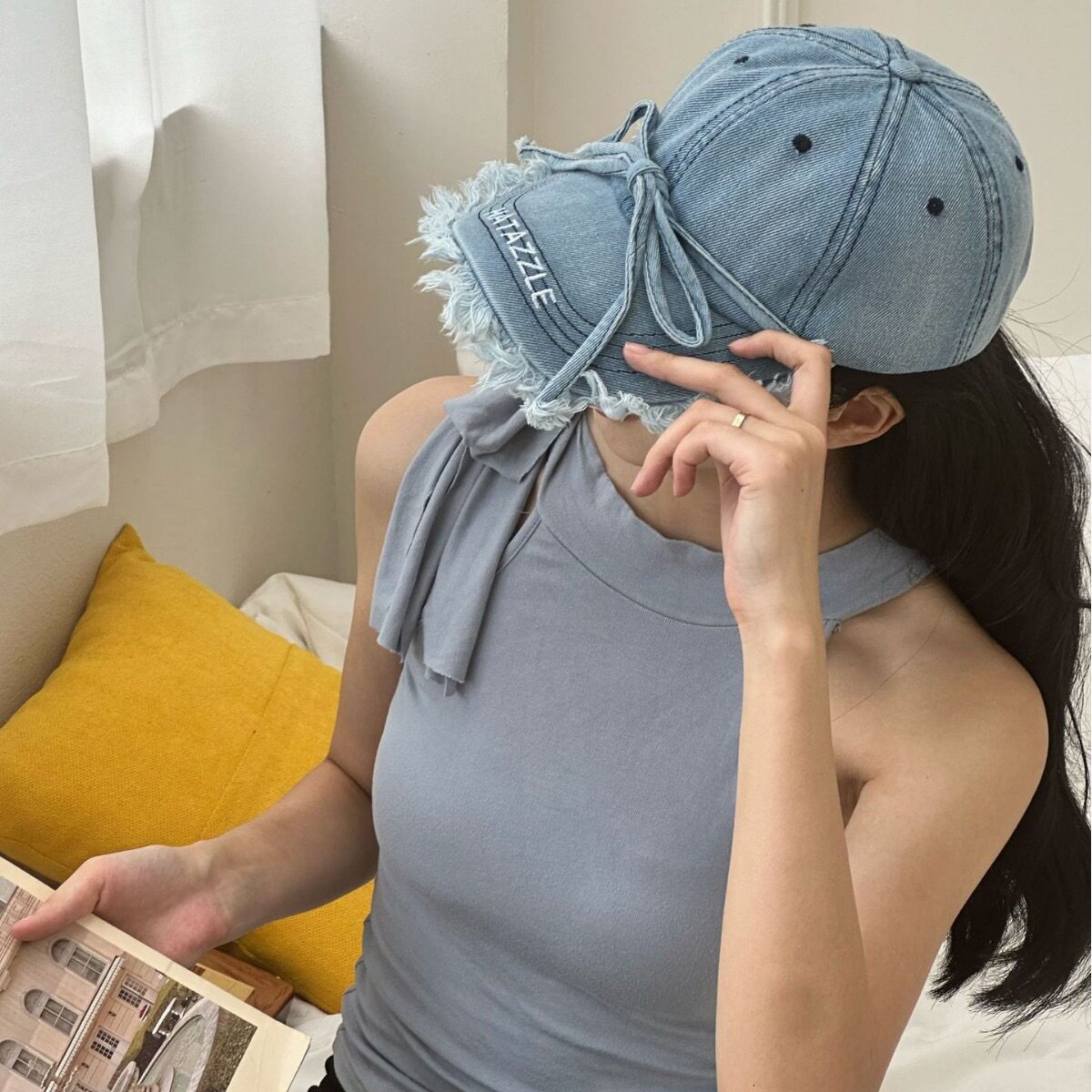韩系毛边系带棒球帽蝴蝶结