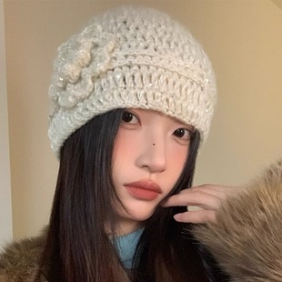 细闪花朵针织包头帽子女秋冬百搭保暖冷帽氛围感显脸小毛线套头帽