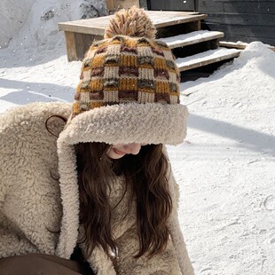 时尚毛线帽子冬季加绒内里韩格纹复古撞色洋气男童女童保暖针织帽