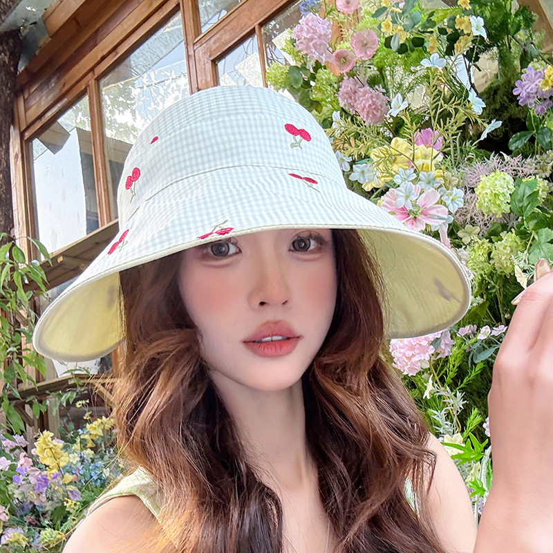 春夏女童小清新格子防晒渔夫帽