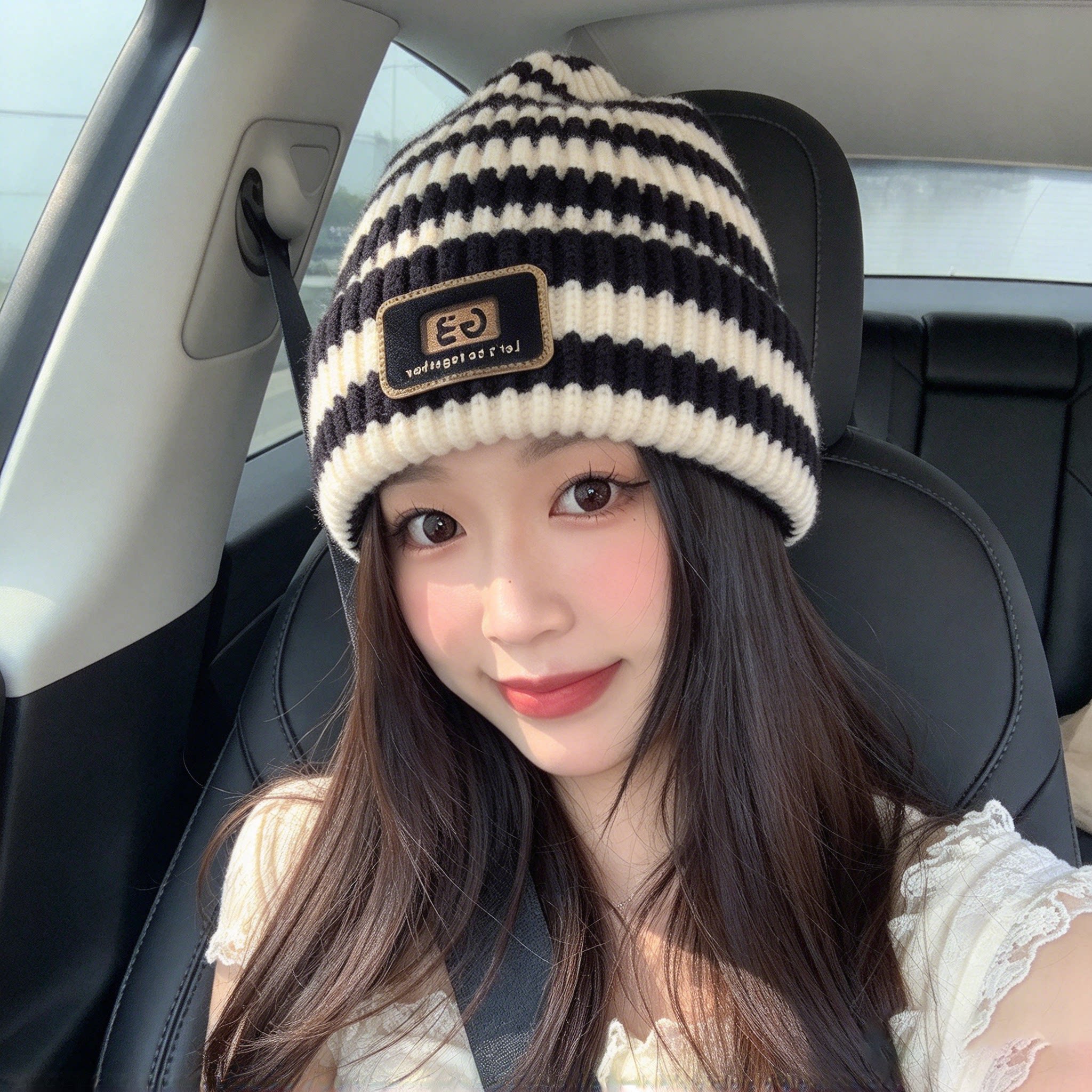 秋冬保暖护耳黑白条纹针织帽女