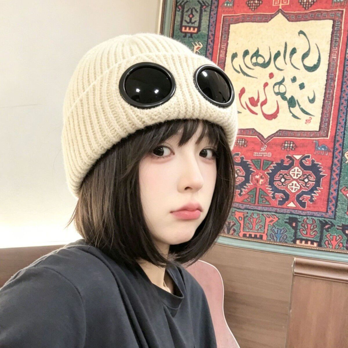 秋冬防风加绒加厚飞行员毛线帽