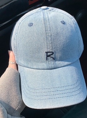 高品质蓝色潮流春夏棒球帽男R字母水洗牛仔蓝刺绣美式鸭舌帽女