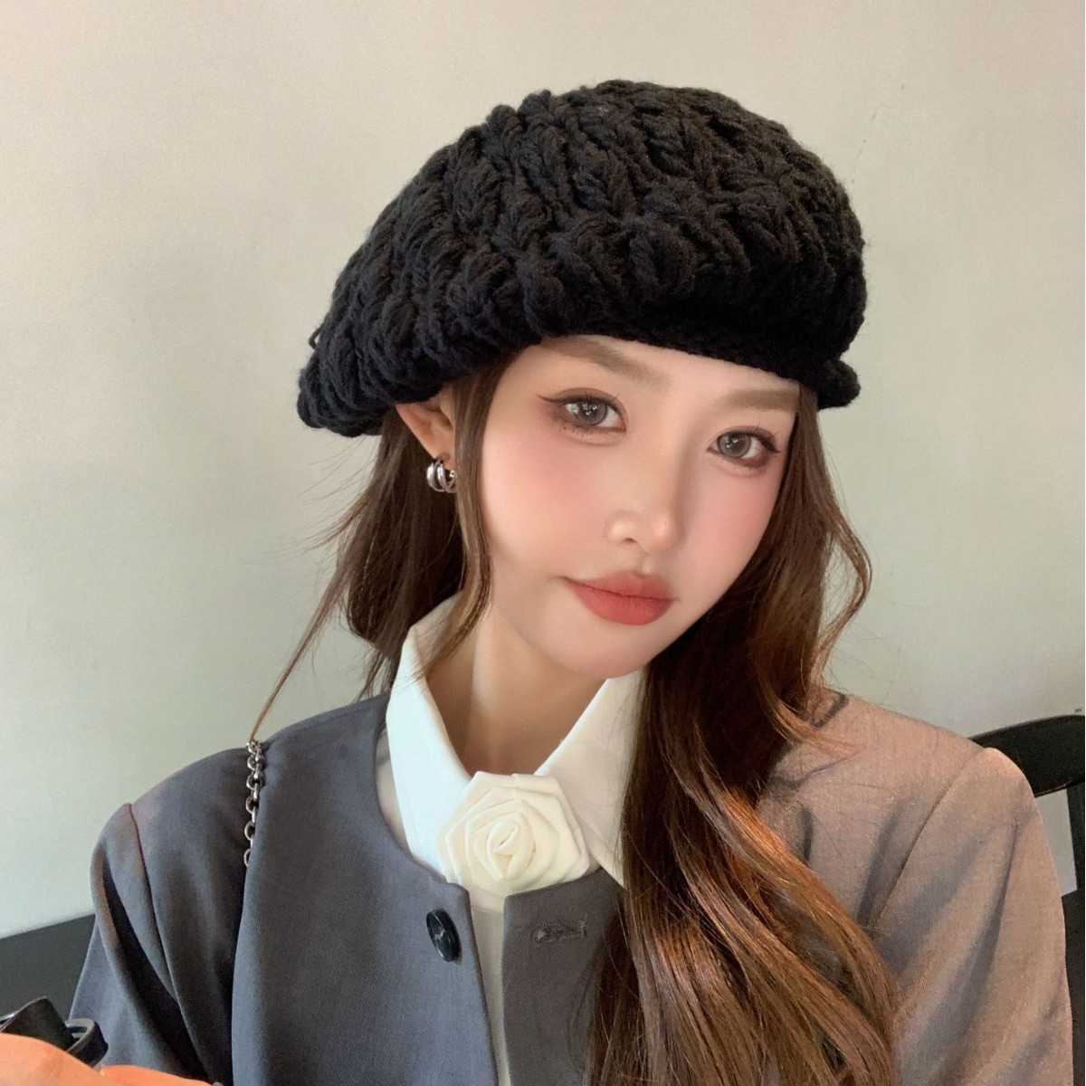 韩版秋冬女针织保暖贝雷帽