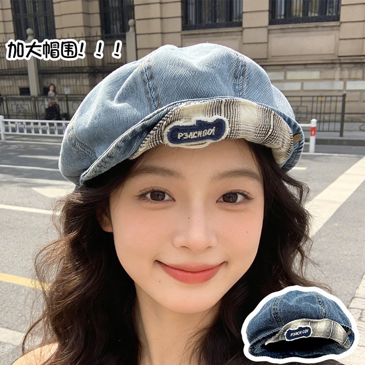 双帽沿牛仔贝雷帽女春秋显脸小
