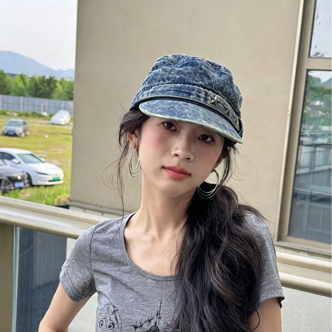 复古做旧水洗牛仔军帽女