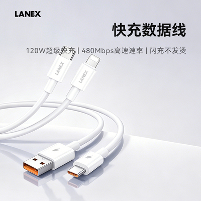 朗思lanex120W超级快充协议1.2m充电传输二合一 超快充手机TypeC/Lightning数据线多规格 LS60C