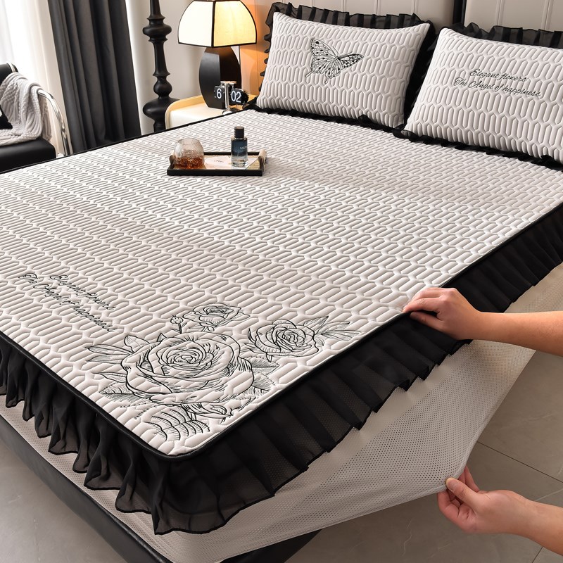 夏季新款花边冰丝乳胶凉席床笠款三件套可机水洗单人宿舍空调床垫