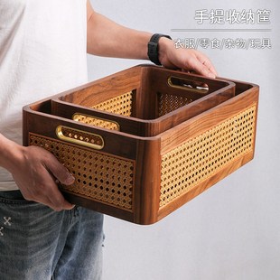 手工藤编收纳筐桌面家用提篮车载露营黑胡桃木杂物储物 NHouse日式