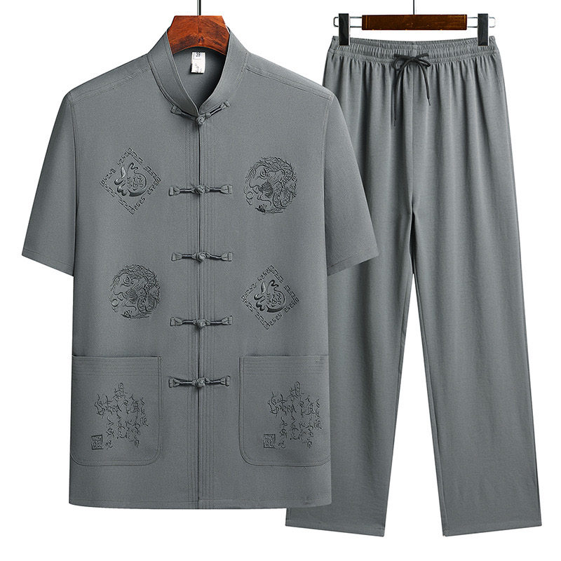 啄木鸟中老年男士夏季短袖薄款唐装爸爸休闲太极服爷爷套装中国风