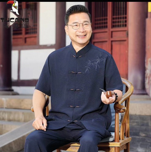 啄木鸟唐装男中老年爸爸短袖夏装套装中国风老人衣服爷爷汉服衣服