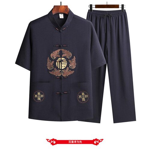 啄木鸟中老年唐装男士爸爸夏装短袖中国风冰丝套装爷爷老人衣服