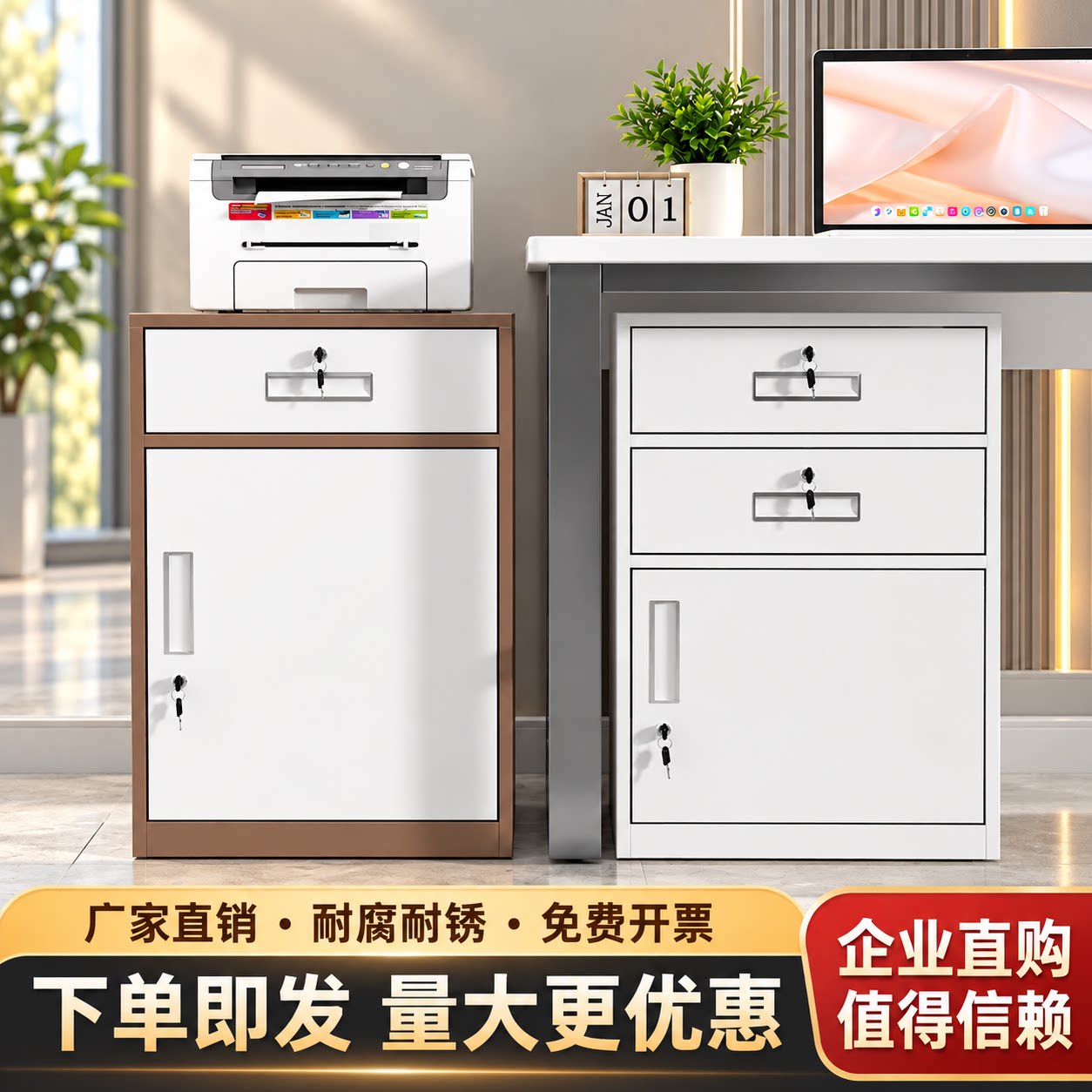 办公室桌下收纳矮柜钢制带锁文件柜家用床头柜加厚铁皮储物收纳柜
