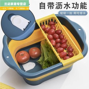 可折叠洗菜盆塑料洗碗洗菜沥水篮家用厨房带排水洗水果蔬菜篮 新款