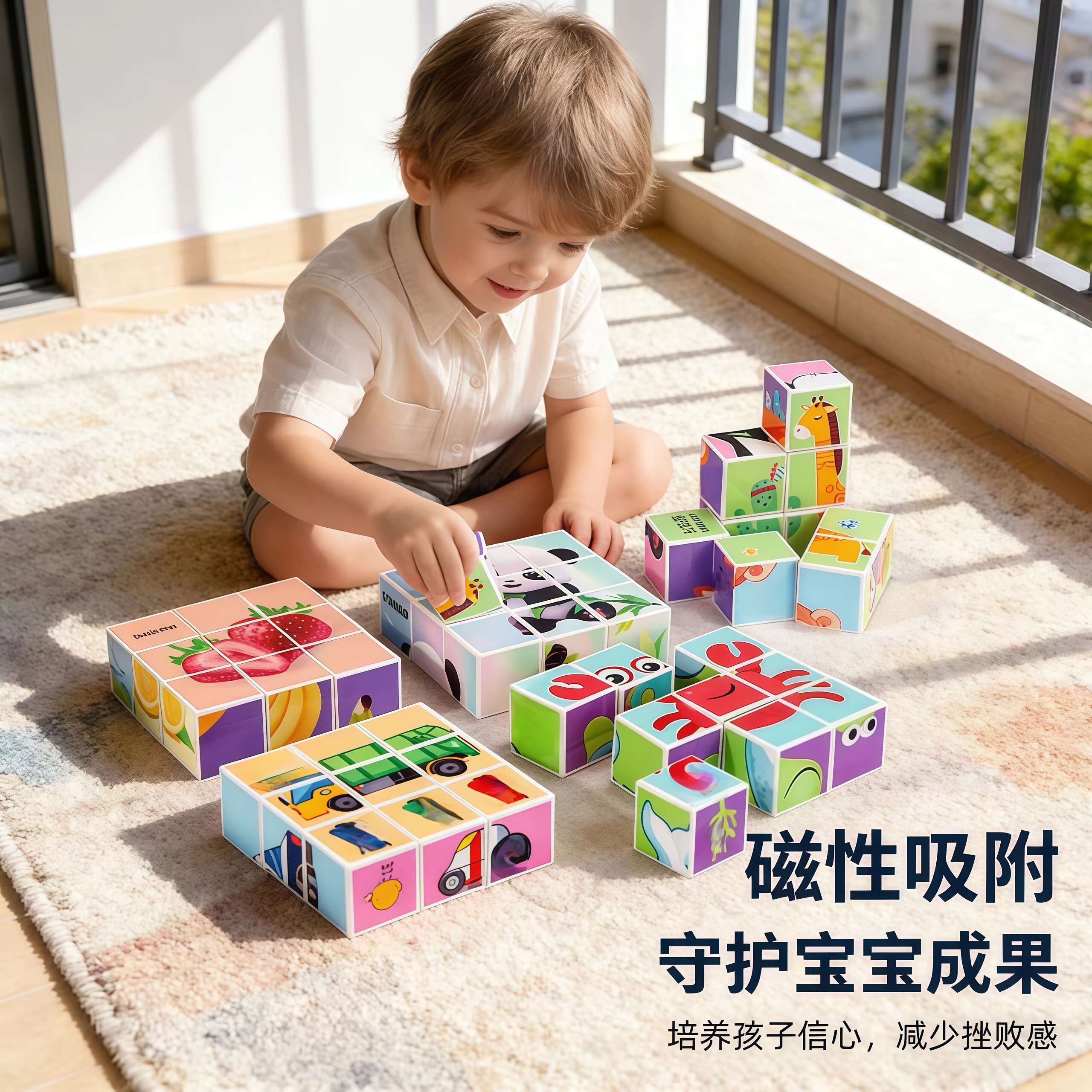 米图好顽3D磁力方块六面立体拼图启蒙益智早教卡通动物积木玩具