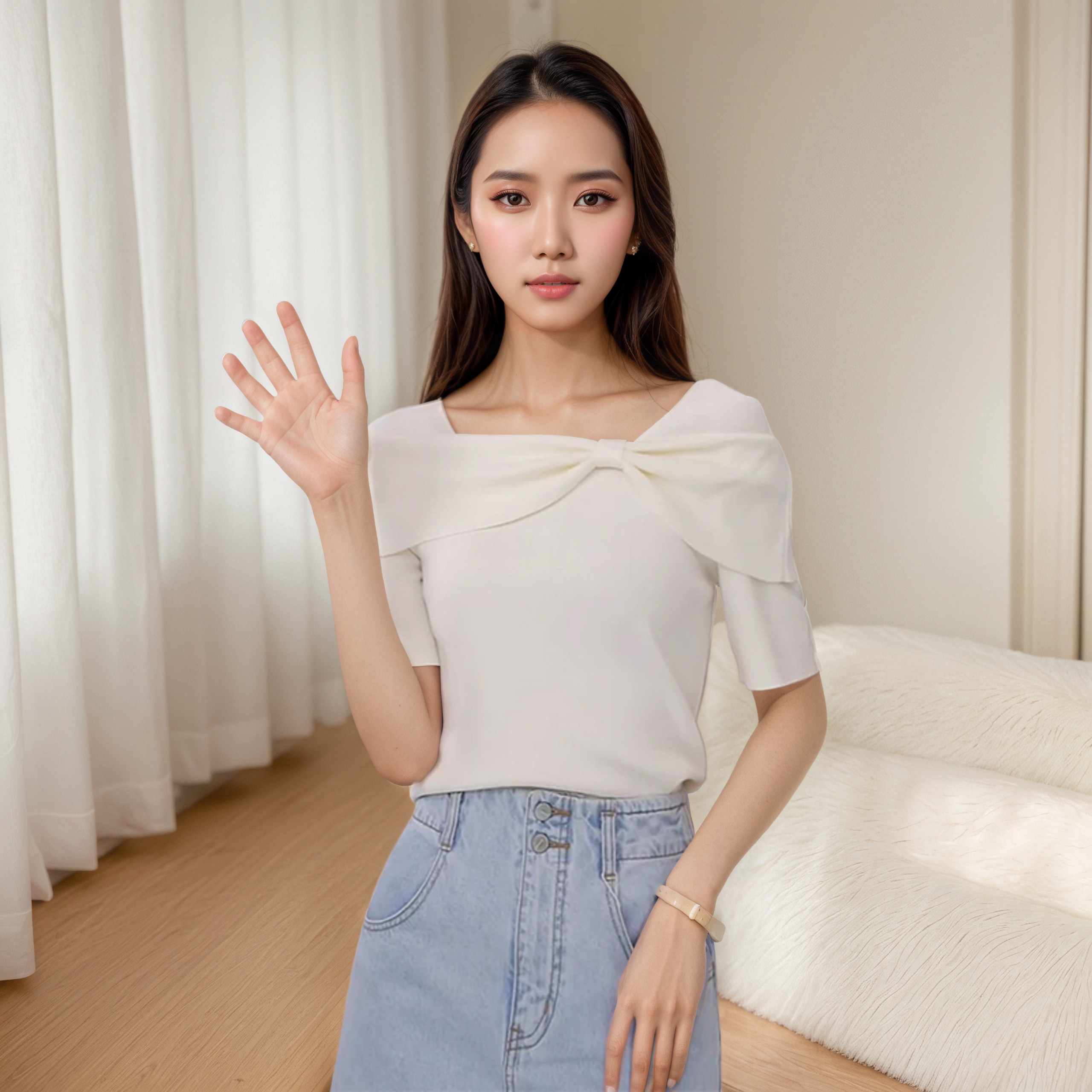 【欧若风新品】夏季时尚舒适休闲百搭绣花圆领短袖针织衫女