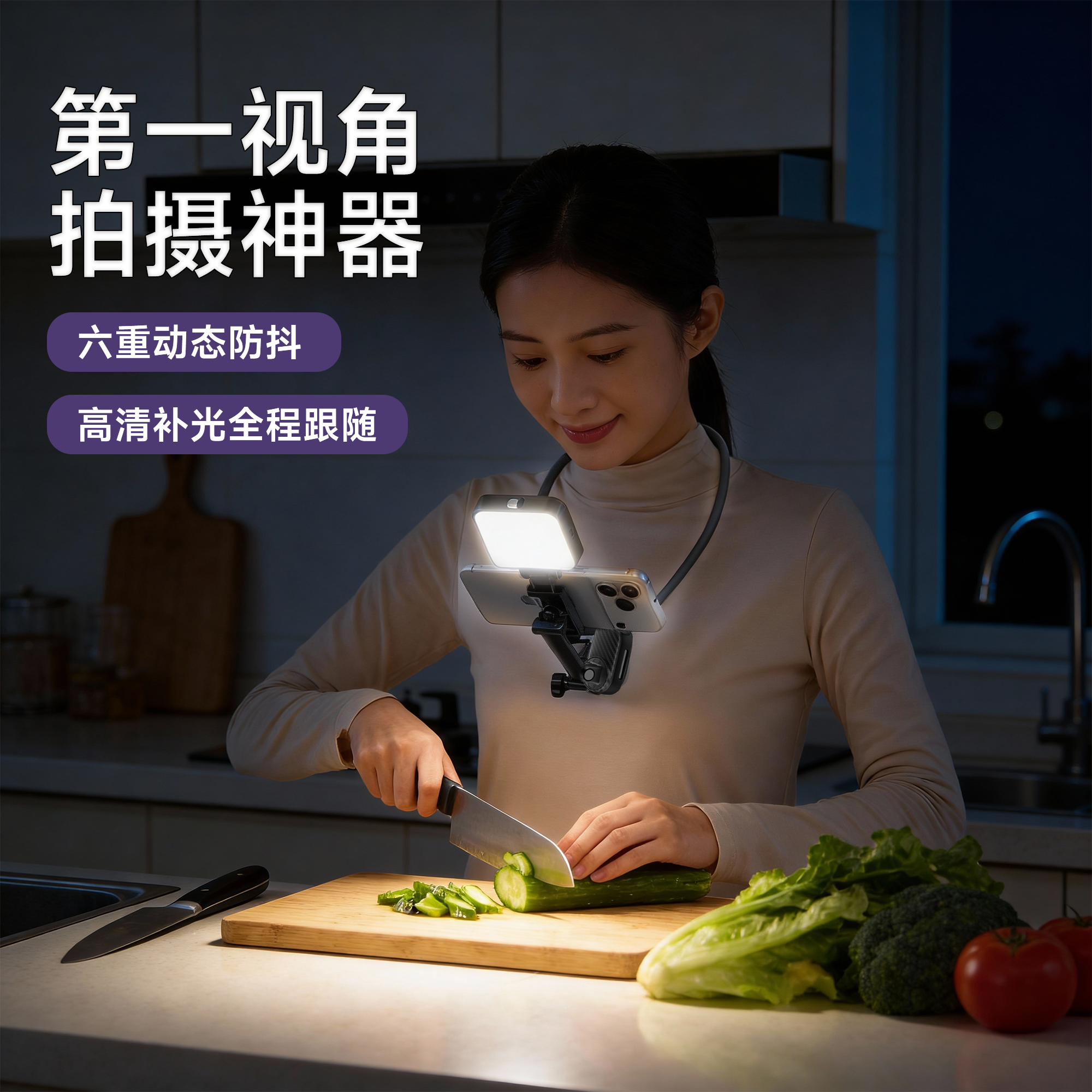 挂脖手机支架第一人称视角拍摄神器防抖GoPro大疆action6/5pro/4直播美食运动相机挂胸前夹子补光灯挂脖支架