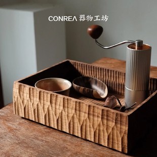 手工柚木整木雕刻茶盘茶手冲咖啡器具收纳木托盘家用干泡茶台 日式