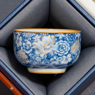 汝窑金繁花青澜茶杯个人专用品茗杯陶瓷开片家用茶杯茶碗主人杯