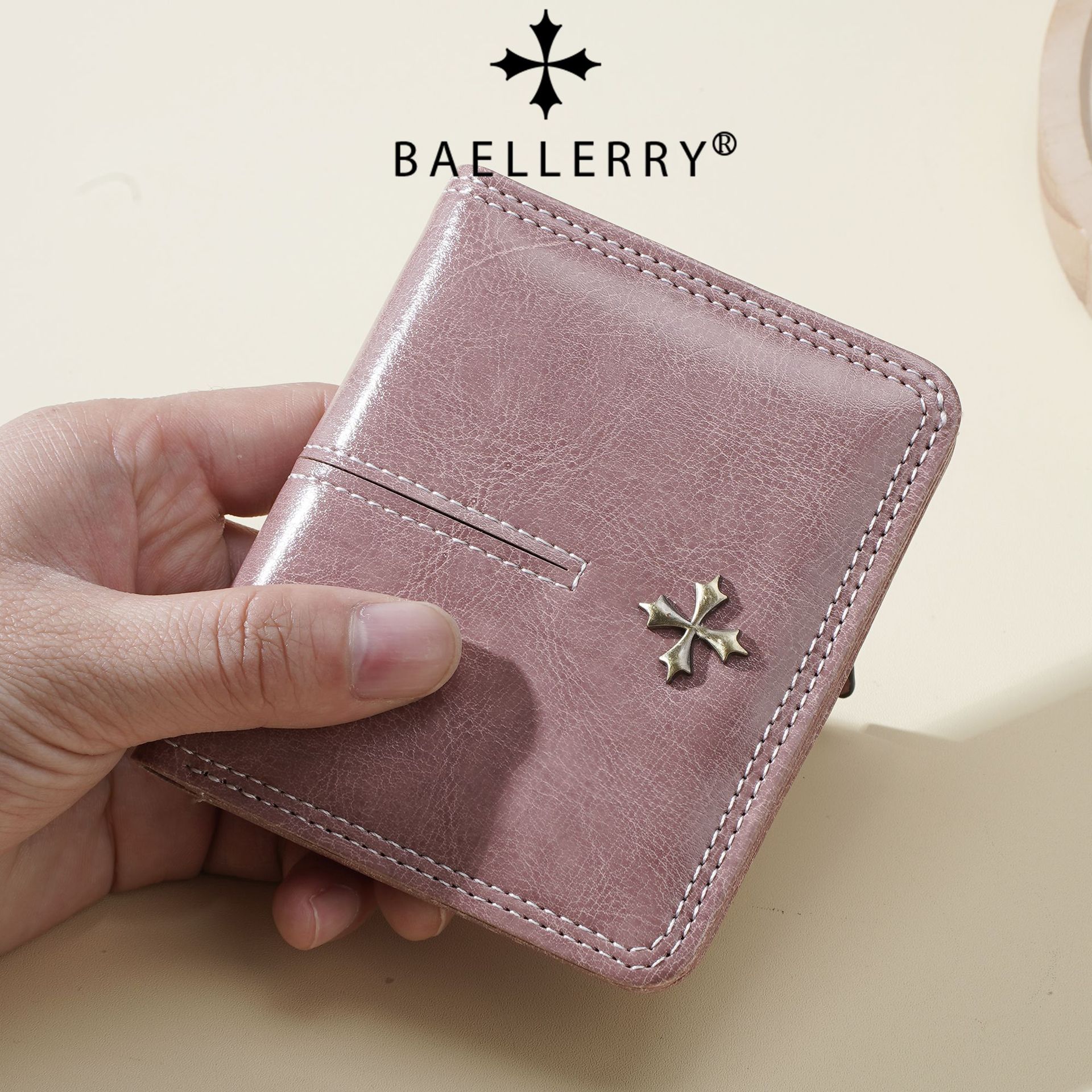 baellerry女款钱包韩版短款多卡位油蜡皮卡包时尚百搭拉链零钱包