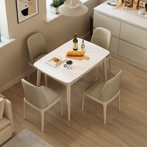 小户型伸缩餐桌家用长方形抽拉式岩板实木折叠吃饭桌子奶油风